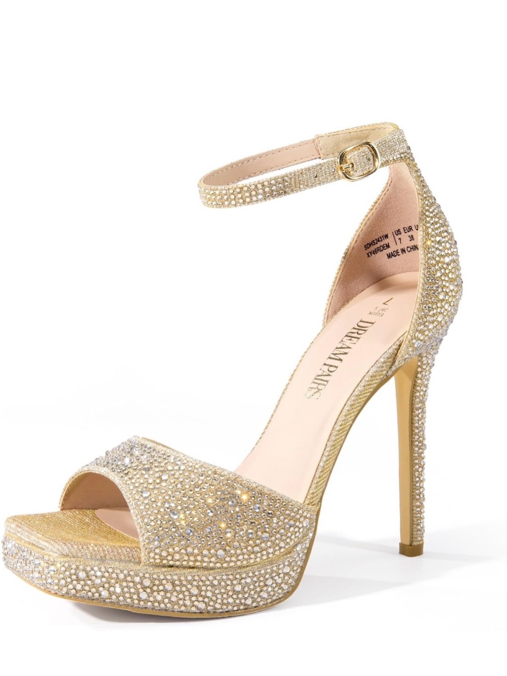 Dream Pairs Gold Crystal Platform Ankle-Strap Heels